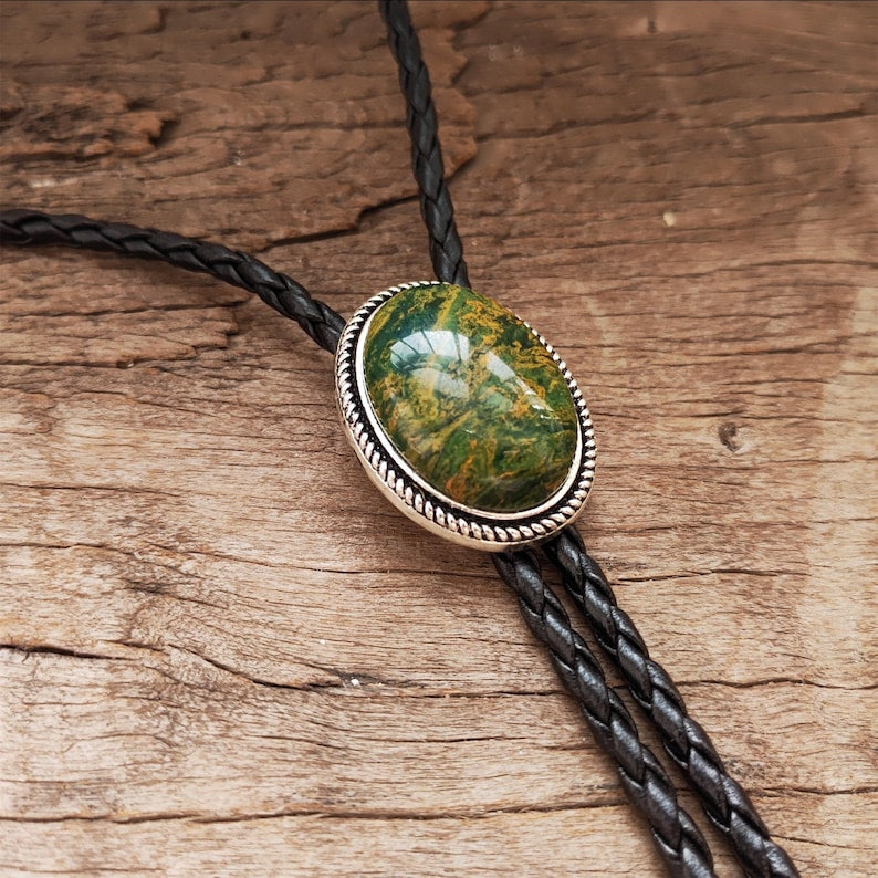 ellow Green Jade Bolo Tie: Western Cowboy Weddding Necklace, Leather Cord