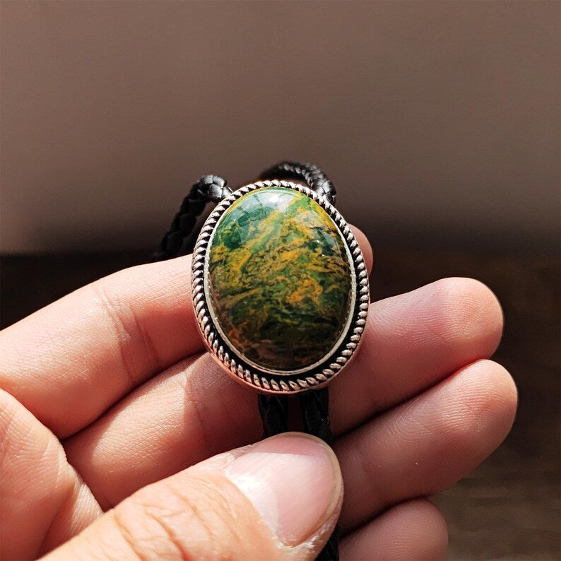 ellow Green Jade Bolo Tie: Western Cowboy Weddding Necklace, Leather Cord