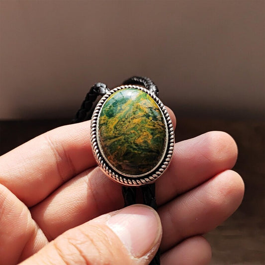 ellow Green Jade Bolo Tie: Western Cowboy Weddding Necklace, Leather Cord