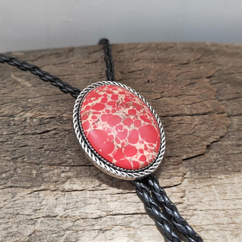Red Crazy Jasper Bolo Tie: Western Cowboy PU Leather Necklace