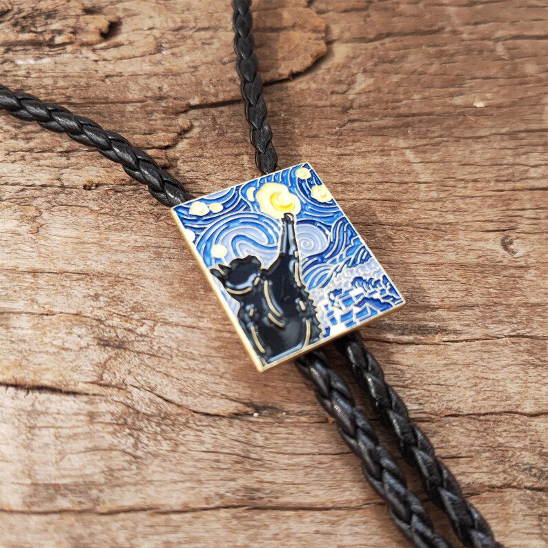 Starry Night Black Cat Bolo Tie: Western Wedding Necklace