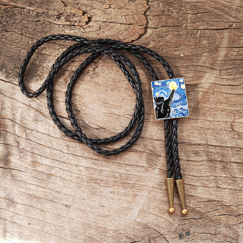 Starry Night Black Cat Bolo Tie: Western Wedding Necklace