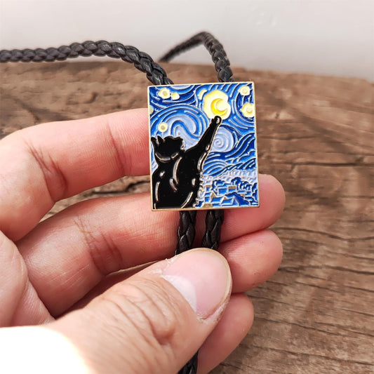 Starry Night Black Cat Bolo Tie: Western Wedding Necklace