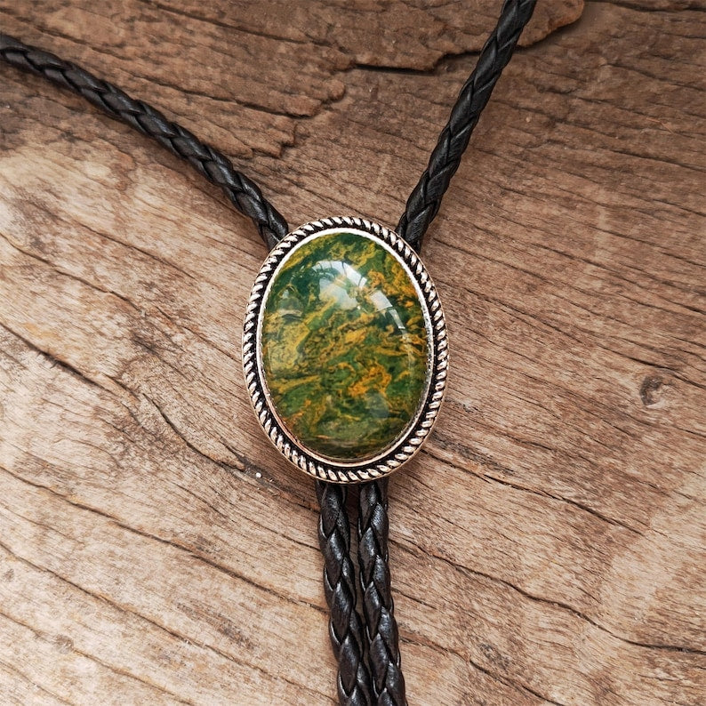 ellow Green Jade Bolo Tie: Western Cowboy Weddding Necklace, Leather Cord