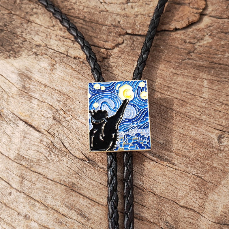 Starry Night Black Cat Bolo Tie: Western Wedding Necklace
