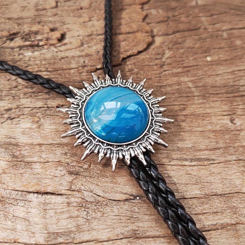 Blue Agate Sun Bolo Tie: Western Cowboy Necklace, PU Leather