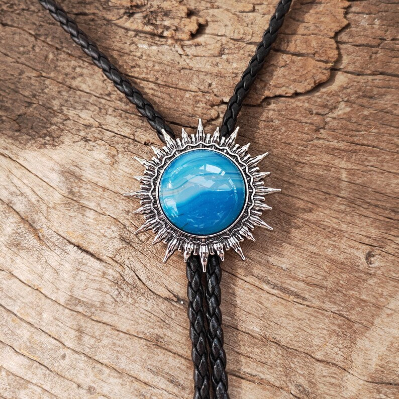 Blue Agate Sun Bolo Tie: Western Cowboy Necklace, PU Leather