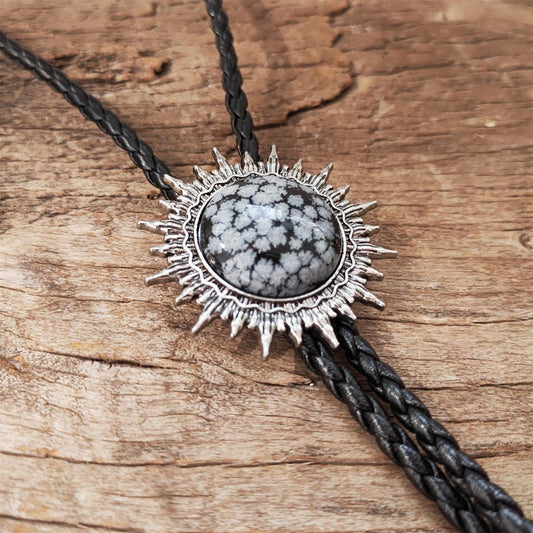 Flower Agate Sun Bolo Tie: Silver-Plated Western Necklace