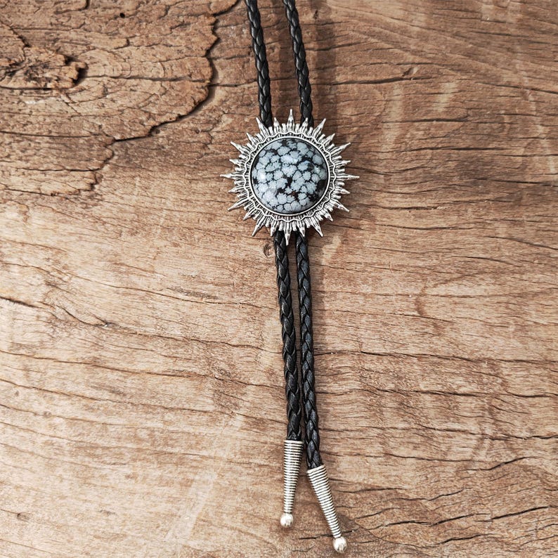 Flower Agate Sun Bolo Tie: Silver-Plated Western Necklace