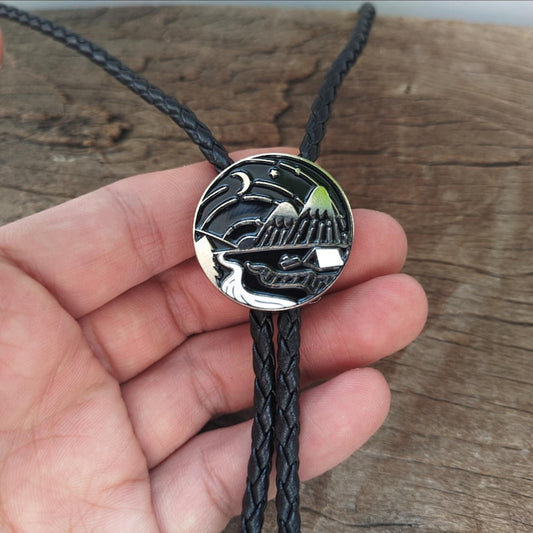 Mountain Night Bolo Tie: Silver-Plated Western Cowboy Necklace
