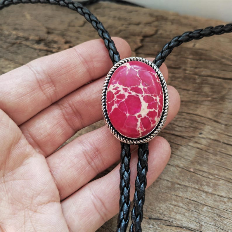 Red Jasper Cowboy Bolo Tie: Western Wedding Leather Necklace