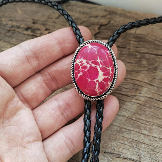Red Jasper Cowboy Bolo Tie: Western Wedding Leather Necklace
