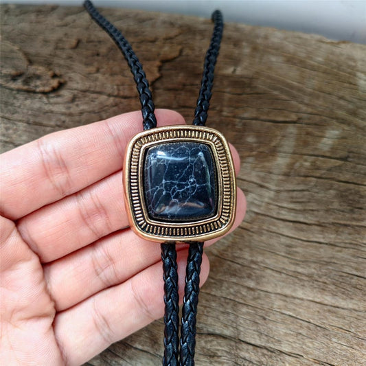 Black Turquoise Bolo Tie: Western Cowboy Silver-Plated Necklace