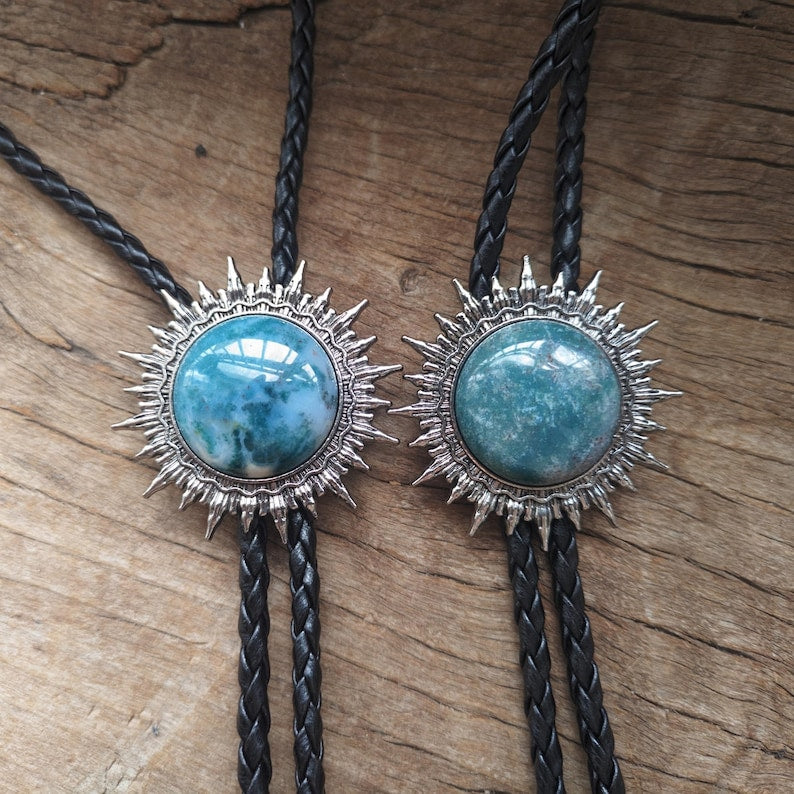 Blue Agate Sun Bolo Tie: Western Cowboy Necklace, PU Leather