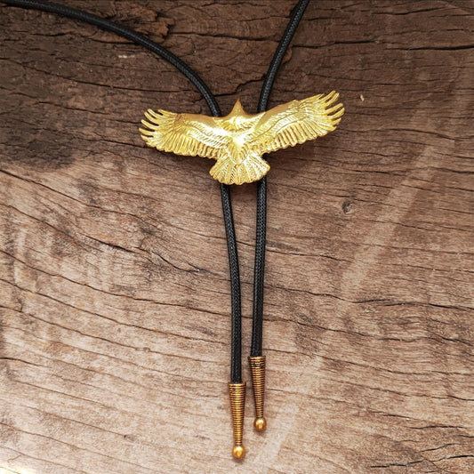 Golden Flying Eagle Bolo Tie: Brass Western Cowboy Necklace