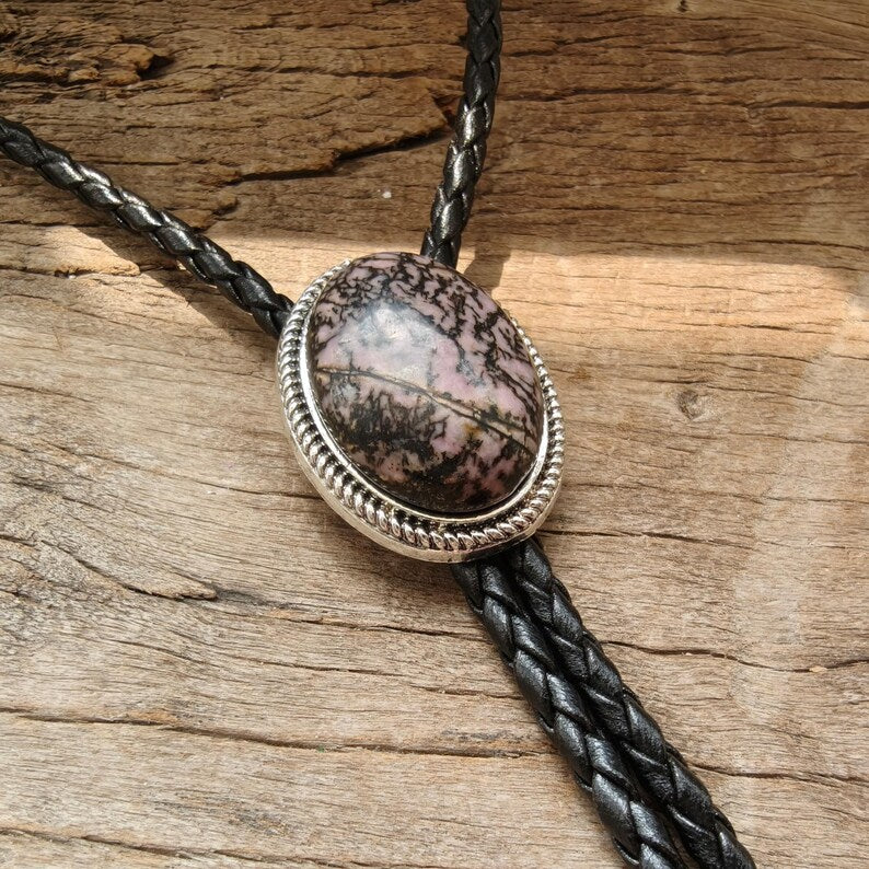 Pink Stripe Agate Stone Bolo Tie