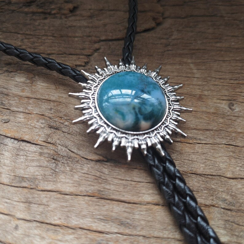 Blue Agate Sun Bolo Tie: Western Cowboy Necklace, PU Leather