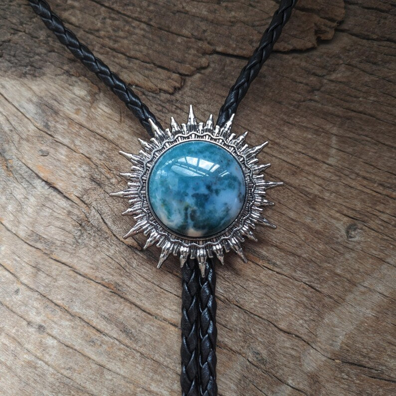 Blue Agate Sun Bolo Tie: Western Cowboy Necklace, PU Leather