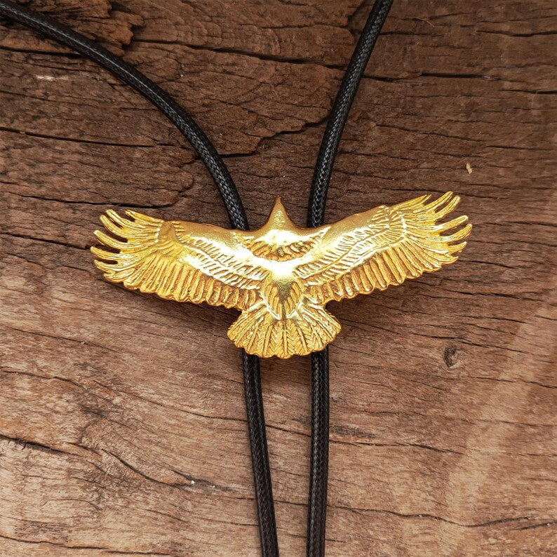 Golden Flying Eagle Bolo Tie: Brass Western Cowboy Necklace