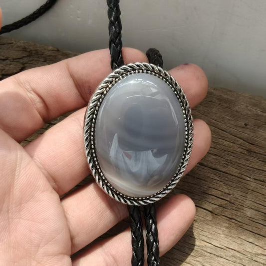 Grey Blue Agate Bolo Tie: Western Cowboy Necklace, PU Leather