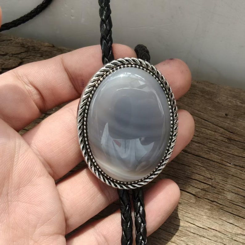 Grey Blue Agate Bolo Tie: Western Cowboy Necklace, PU Leather
