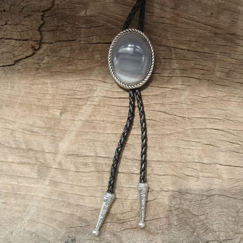 Grey Blue Agate Bolo Tie: Western Cowboy Necklace, PU Leather