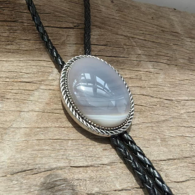 Grey Blue Agate Bolo Tie: Western Cowboy Necklace, PU Leather