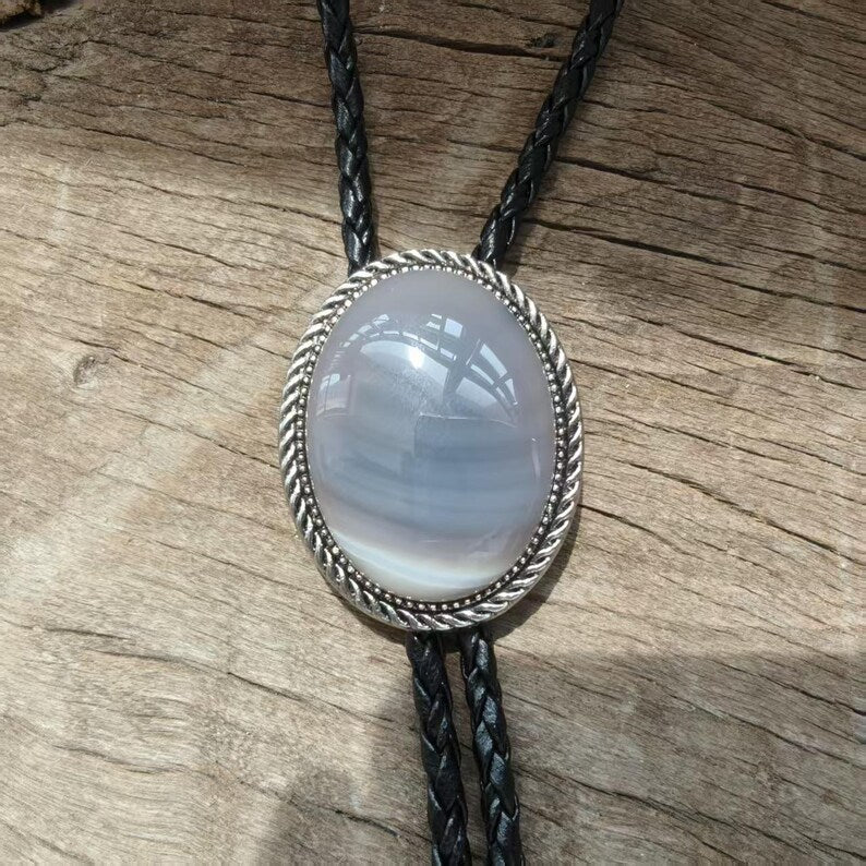 Grey Blue Agate Bolo Tie: Western Cowboy Necklace, PU Leather