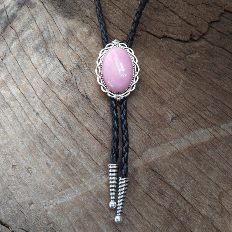 Pink Quartz Bolo Tie: Silver-Plated Cowboy Wedding Necklace