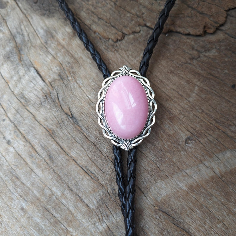 Pink Quartz Bolo Tie: Silver-Plated Cowboy Wedding Necklace