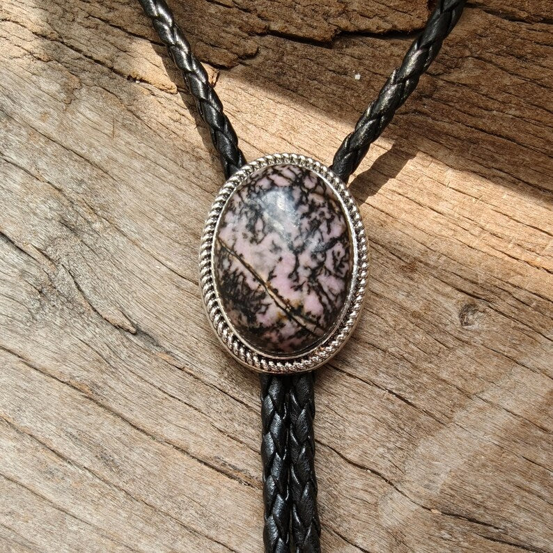 Pink Stripe Agate Stone Bolo Tie