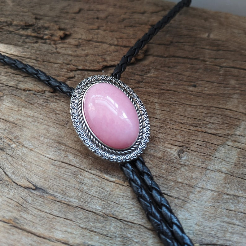 Pink Quartz Bolo Tie: Silver-Plated Cowboy Wedding Necklace