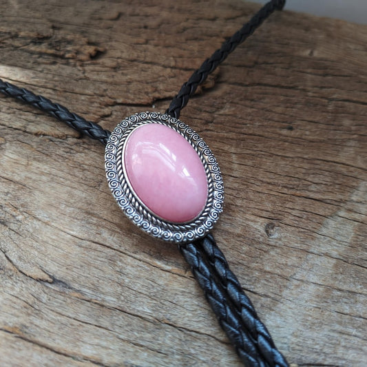 Pink Quartz Bolo Tie: Silver-Plated Cowboy Wedding Necklace
