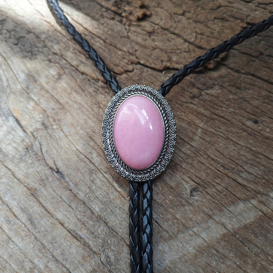 Pink Quartz Bolo Tie: Silver-Plated Cowboy Wedding Necklace
