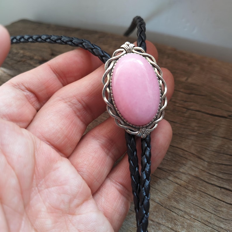 Pink Quartz Bolo Tie: Silver-Plated Cowboy Wedding Necklace