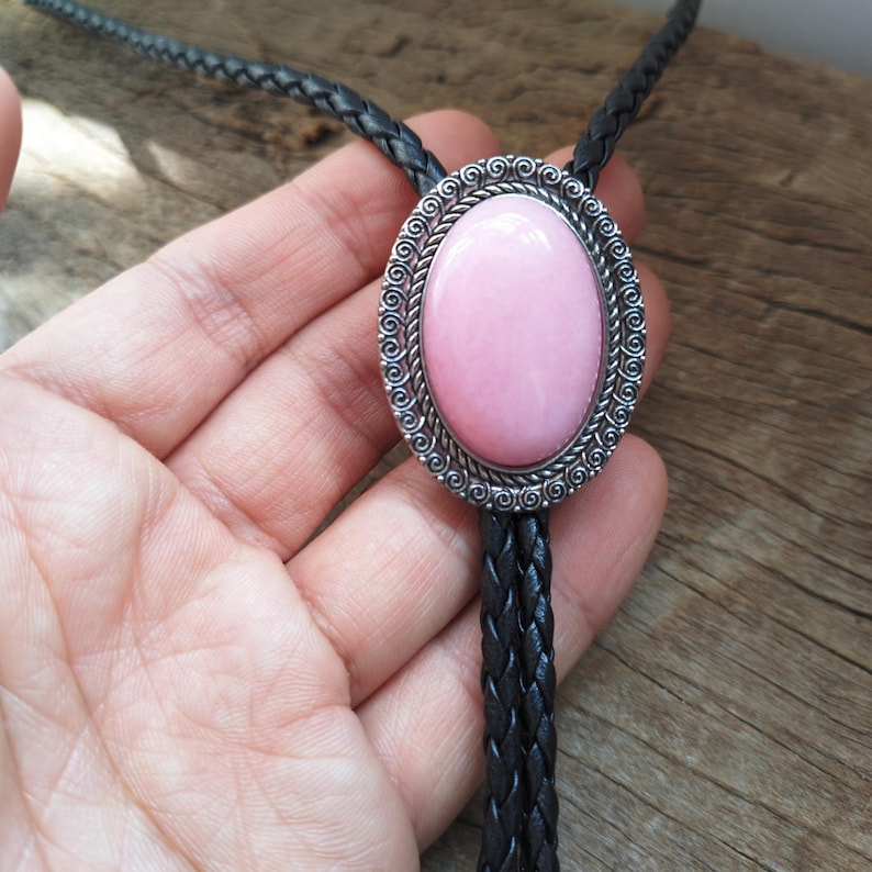 Pink Quartz Bolo Tie: Silver-Plated Cowboy Wedding Necklace