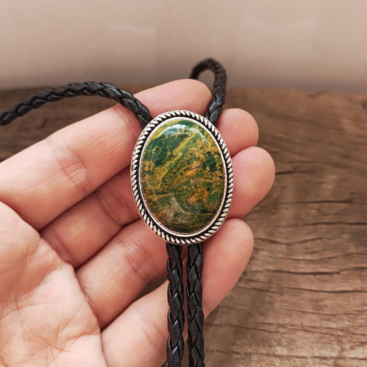 ellow Green Jade Bolo Tie: Western Cowboy Weddding Necklace, Leather Cord