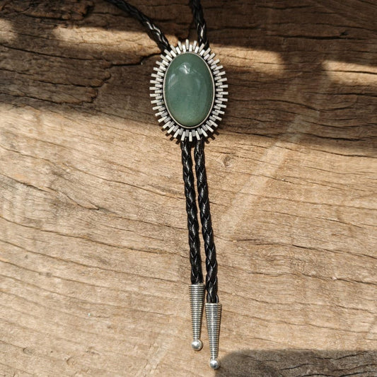 Oval Jade Bolo Tie: Silver-Plated Western Cowboy Necktie