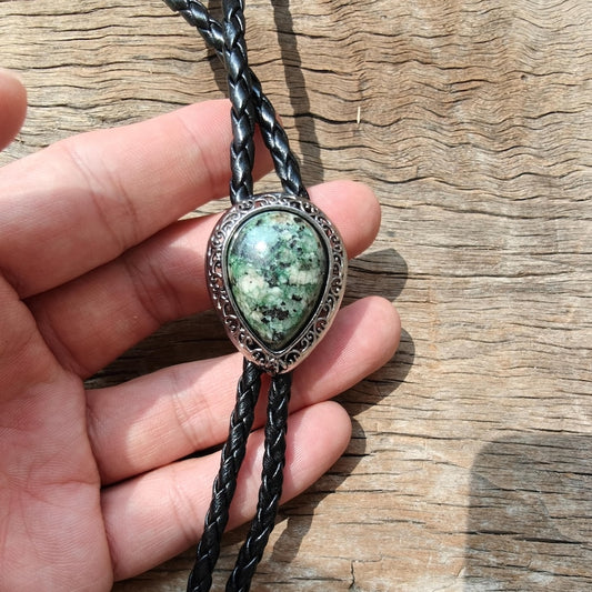 Green Granite Bolo Tie: Western Cowboy Silver-Plated Necklace