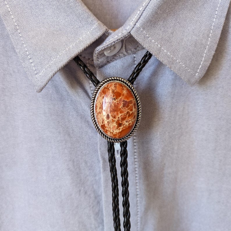 Red Jasper Bolo Tie: Stainless Steel Western Cowboy Necktie