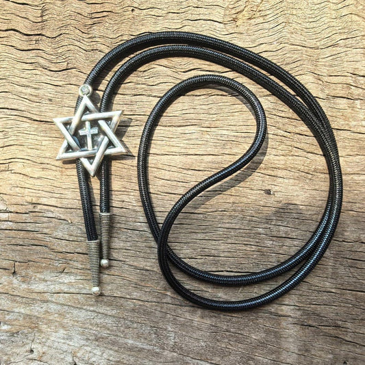 Hexagram Cross Bolo Tie: Western Cowboy Stainless Steel Necklace