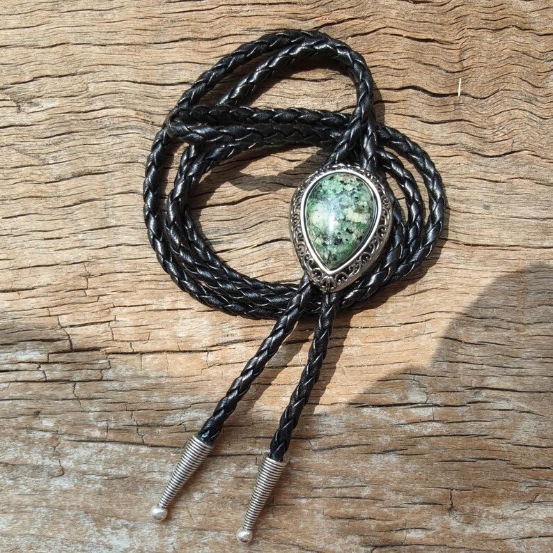 Green Granite Bolo Tie: Western Cowboy Silver-Plated Necklace
