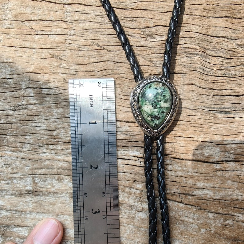 Green Granite Bolo Tie: Western Cowboy Silver-Plated Necklace
