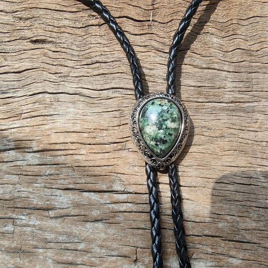 Green Granite Bolo Tie: Western Cowboy Silver-Plated Necklace