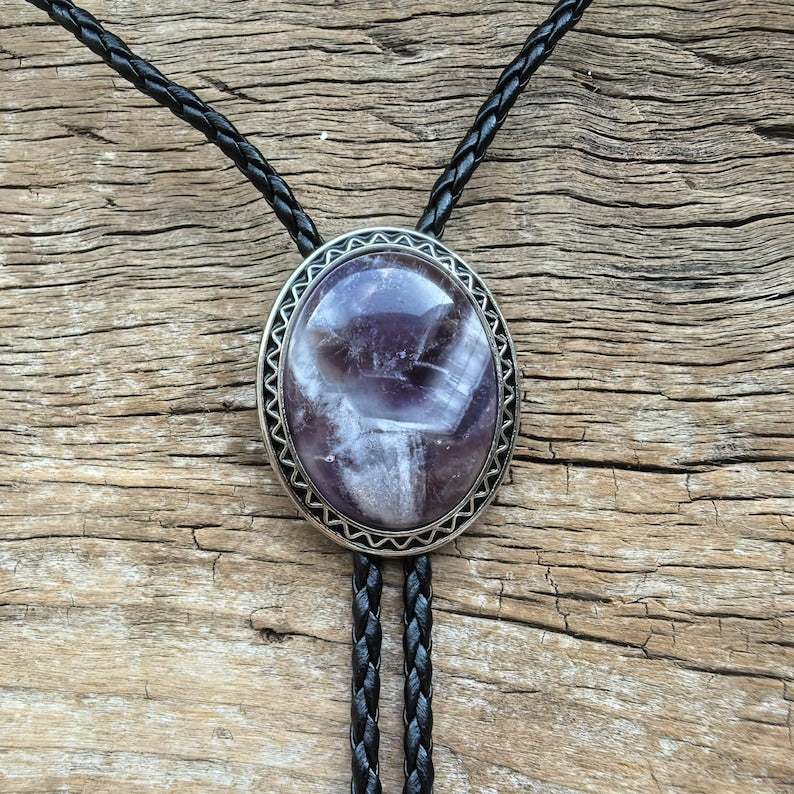 Amethyst Crystal Bolo Tie: Silver-Plated Western Cowboy Necktie