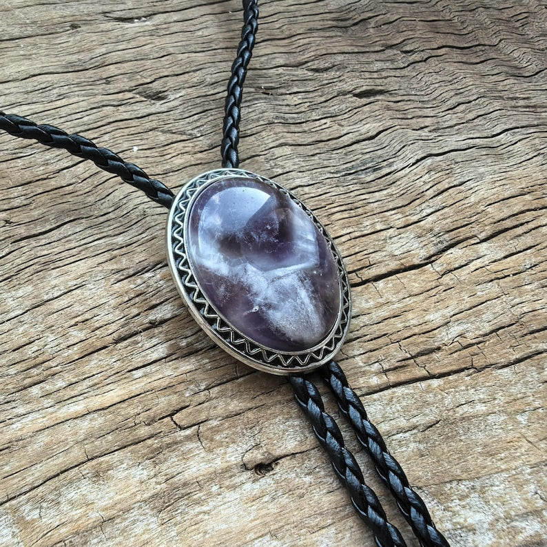 Amethyst Crystal Bolo Tie: Silver-Plated Western Cowboy Necktie