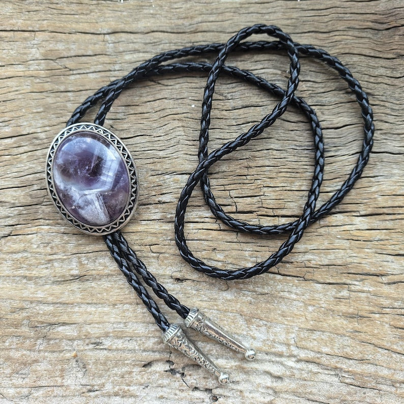 Amethyst Crystal Bolo Tie: Silver-Plated Western Cowboy Necktie