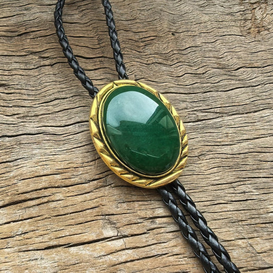 Green Jade Bolo Tie: Golden Edge, Western Cowboy Necklace