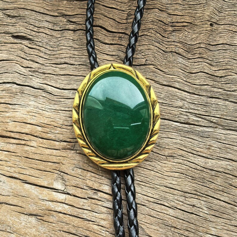 Green Jade Bolo Tie: Golden Edge, Western Cowboy Necklace