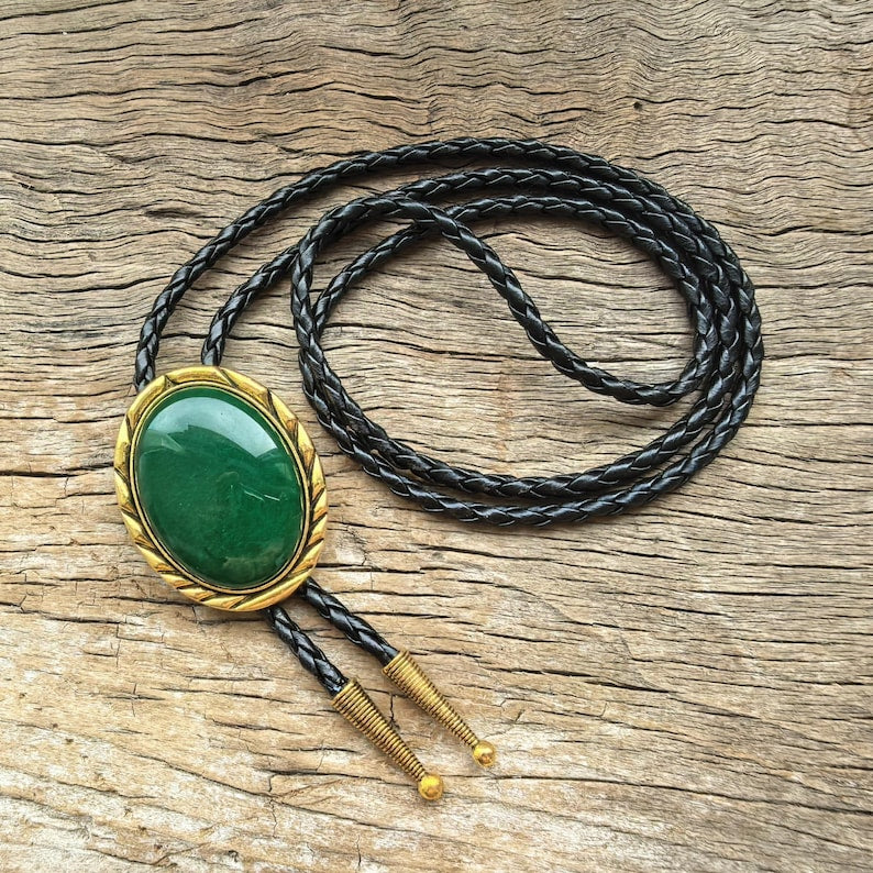 Green Jade Bolo Tie: Golden Edge, Western Cowboy Necklace
